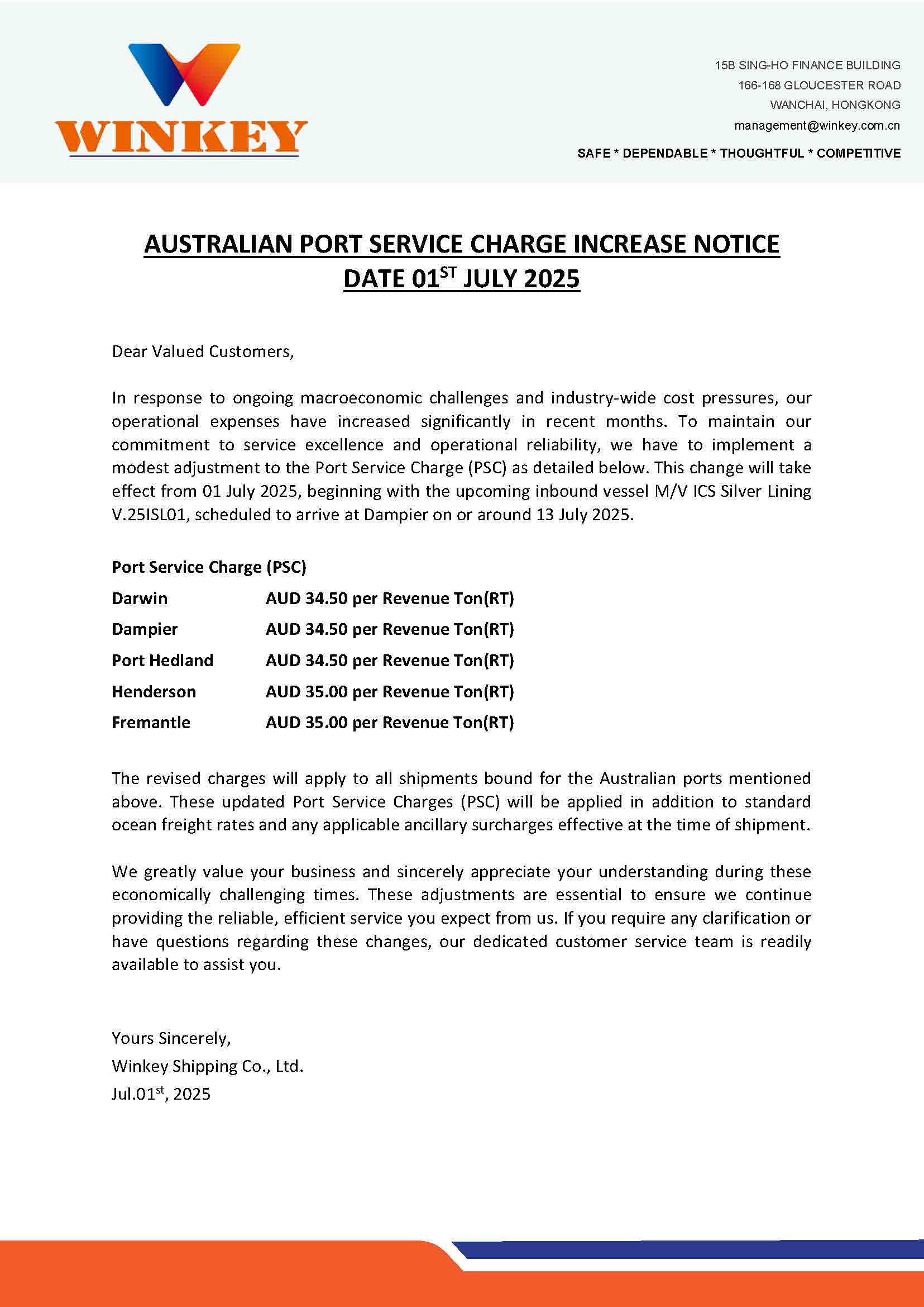 Australian Port Service Charge Increase Notice